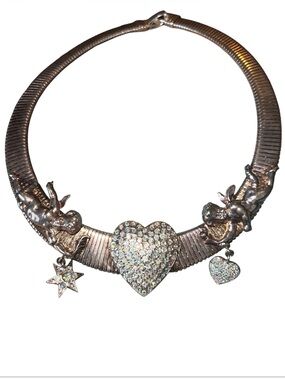 Angel Heart Omega Gas Pipe Graduated AB Crystal Rhinestone Gold Tone Necklace